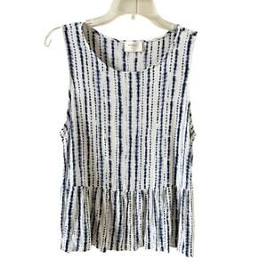 Everly Peplum Tank Top Blue & White Tie Dye Stripes Size L